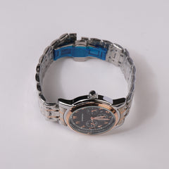 Two Tone Rosegold Silver Chain Mans Wrist Watch Black Dial
