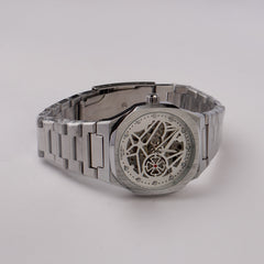 Mans Automatic Chain Wrist Watch Silver Wht
