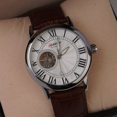 Mans Automatic Watch With Leather Straps Silver Wht