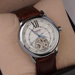 Mans Automatic Watch With Leather Straps Silver Wht 1