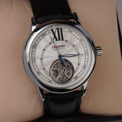 Mans Automatic Watch With Leather Straps Silver Wht 1