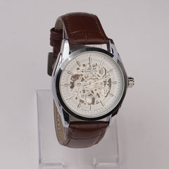Mans Automatic Watch With Leather Straps Silver Wht
