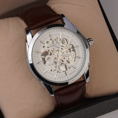 Mans Automatic Watch With Leather Straps Silver Wht
