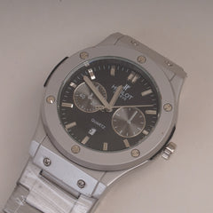 Mens Silver Chain Wrist Watch with Black Dial