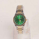 Two Tone Women's Silver Chain Wrist Watch With Green Dial