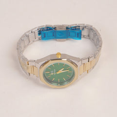 Two Tone Women's Silver Chain Wrist Watch With Green Dial