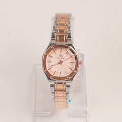Two Tone Women's Silver Chain Wrist Watch With Pink Dial