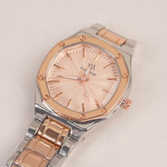 Two Tone Women's Silver Chain Wrist Watch With Pink Dial