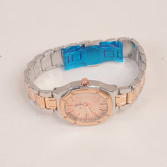 Two Tone Women's Silver Chain Wrist Watch With Pink Dial