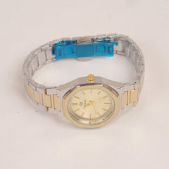 Two Tone Women's Silver Chain Wrist Watch With Golden Dial
