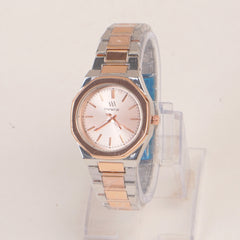 Two Tone Women's Silver Chain Wrist Watch With Pink Dial