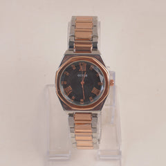 Two Tone Woman Silver Rosegold Chain Watch With Black Dial
