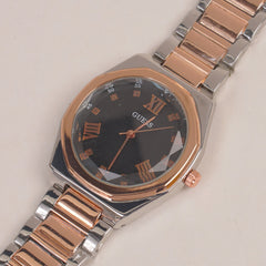 Two Tone Woman Silver Rosegold Chain Watch With Black Dial
