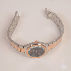 Two Tone Woman Silver Rosegold Chain Watch With Black Dial