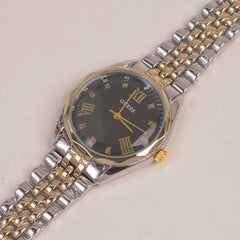 Two Tone Woman Golden Chain Watch With Black Dial