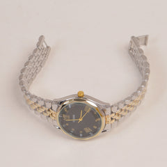 Two Tone Woman Golden Chain Watch With Black Dial