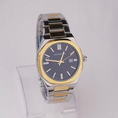 Two Tone Silver Chain Mans Wrist Watch Blue Dial