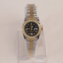 Two Tone Women's Golden Chain Wrist Watch With Black Dial