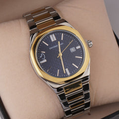Two Tone Silver Chain Mans Wrist Watch Blue Dial