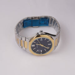 Two Tone Silver Chain Mans Wrist Watch Blue Dial