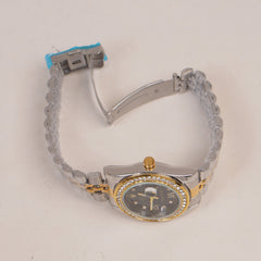 Two Tone Women's Golden Chain Wrist Watch With Black Dial