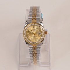 Two Tone Women's Golden Chain Wrist Watch With Golden Dial