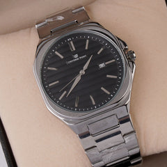 Silver Chain Mans Wrist Watch Black Dial