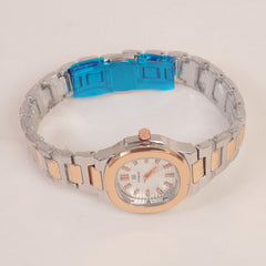 Two Tone Women's Silver Rosegold Chain Wrist Watch With Silver Dial