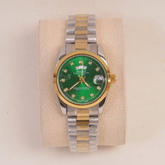 Two Tone Woman Silver Golden Chain Watch Green Dial