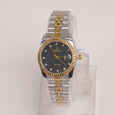 Two Tone Woman Silver Chain Watch Black Dial