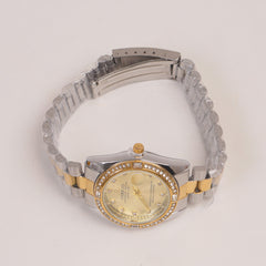 Two Tone Woman Silver Chain Watch Golden Dial