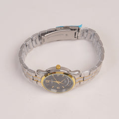 Two Tone Silver Chain Womans Watch Black Dial