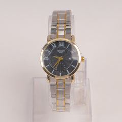 Two Tone Silver Chain Womans Watch Black Dial