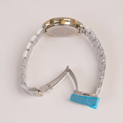 Two Tone Silver Chain Womans Watch Black Dial