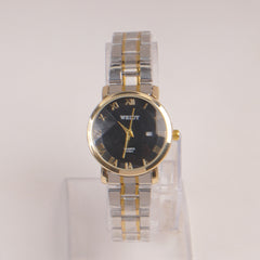 Two Tone Silver Chain Womans Watch Black Dial