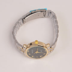 Two Tone Silver Chain Womans Watch Black Dial