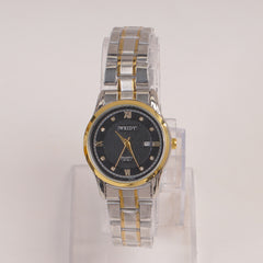 Two Tone Silver Chain Womans Watch Black Dial