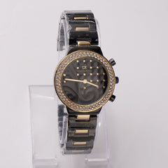 Two Tone Women Stylish Chain Wrist Watch Black&Golden With Black Dial