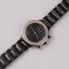 Two Tone Women Stylish Chain Wrist Watch Black&Golden With Black Dial