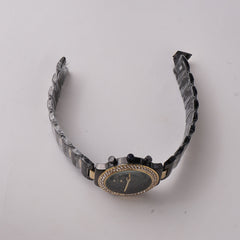 Two Tone Women Stylish Chain Wrist Watch Black&Golden With Black Dial