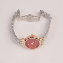 Two Tone Silver Chain Womans Watch Red Dial