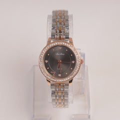 Two Tone Silver Chain Womans Watch Black Dial