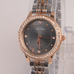 Two Tone Silver Chain Womans Watch Black Dial