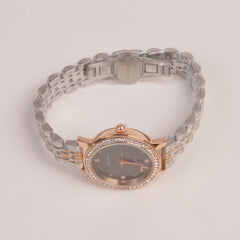 Two Tone Silver Chain Womans Watch Black Dial