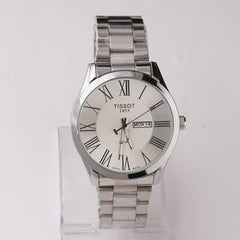 Mens Silver Chain Wrist Watch White Dial