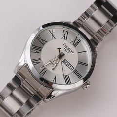 Mens Silver Chain Wrist Watch White Dial