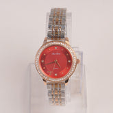 Two Tone Silver Chain Womans Watch Red Dial
