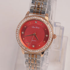Two Tone Silver Chain Womans Watch Red Dial