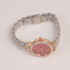 Two Tone Silver Chain Womans Watch Red Dial