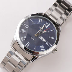 Mens Silver Chain Wrist Watch Blue Dial